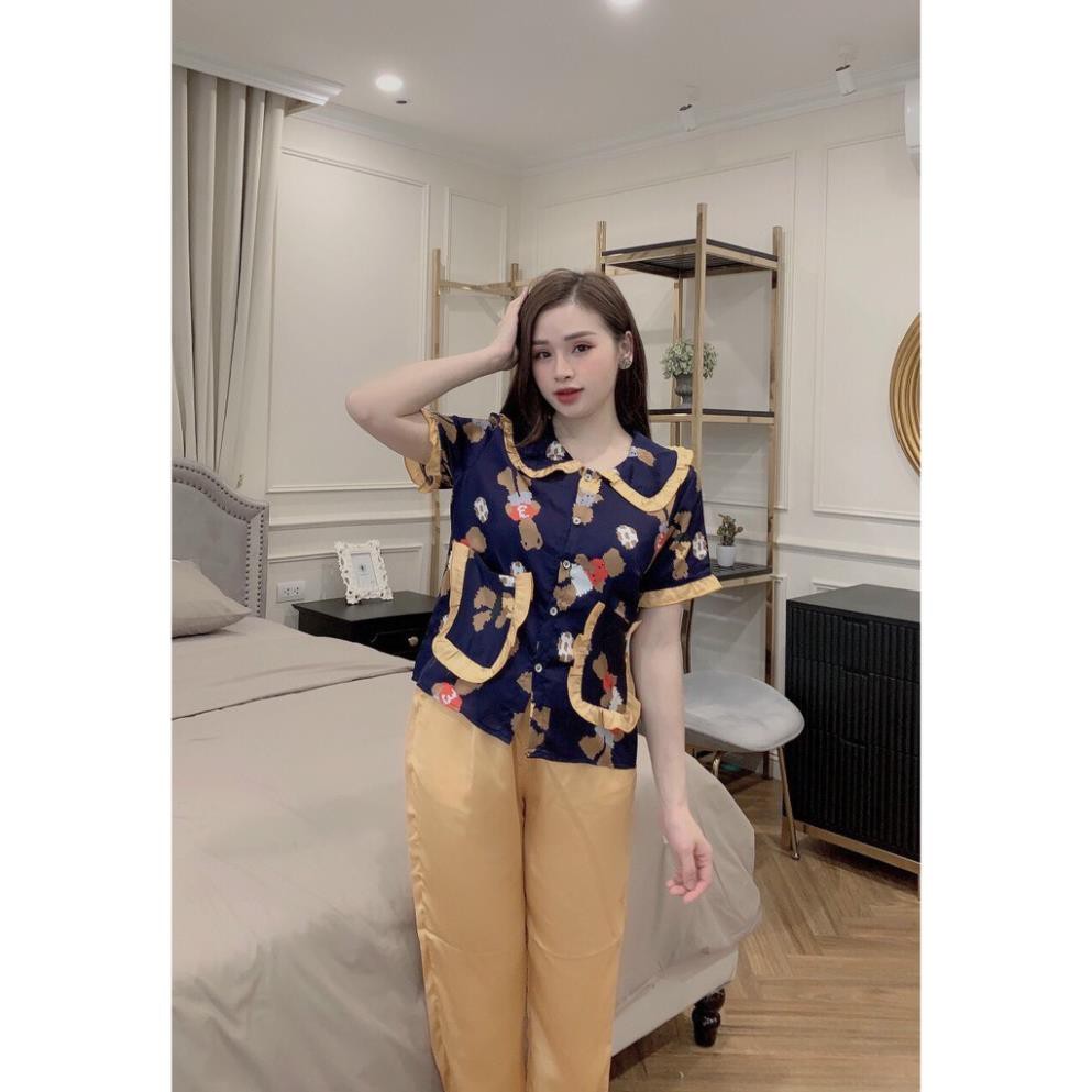 Pijama Nữ Tay Cộc Quần Dài Mặc Nhà Mặc Ngủ Mùa Thu Lụa Satin Cao Cấp Họa Tiết Phối Màu Trơn Viền Bèo.