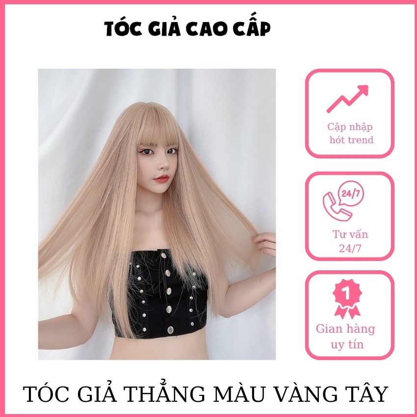 Tóc giả nữ nguyên đầu thẳng màu vàng tây, tặng lưới trùm tóc, mã z7007