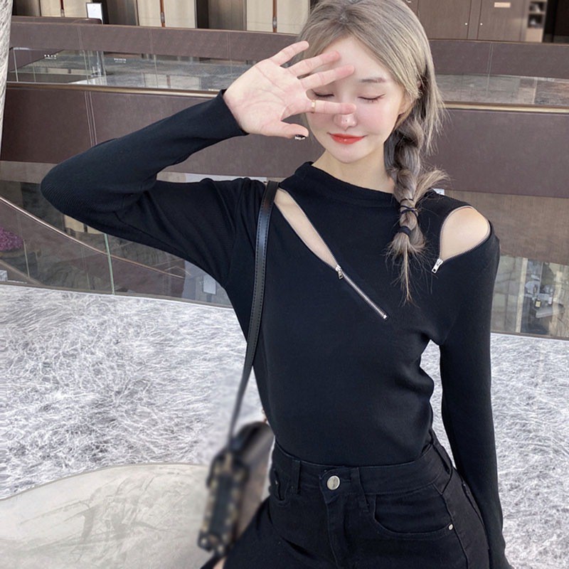 Áo Croptop Tay Dài Phối Khoá Kéo Thiết Kế Ôm Sát Tôn Dáng