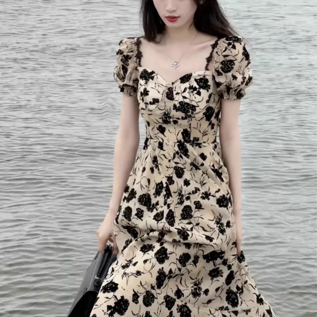 Đầm maxi xòe lụa in họa tiết mặc được hai kiểu như ảnh kiểu đầm dự tiệc phong cách tiểu thư thời trang nữ ARAVA