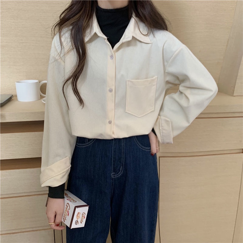 Áo Sơ Mi Form Rộng Chất Liệu Nhung Kẻ Phong Cách retro Mới