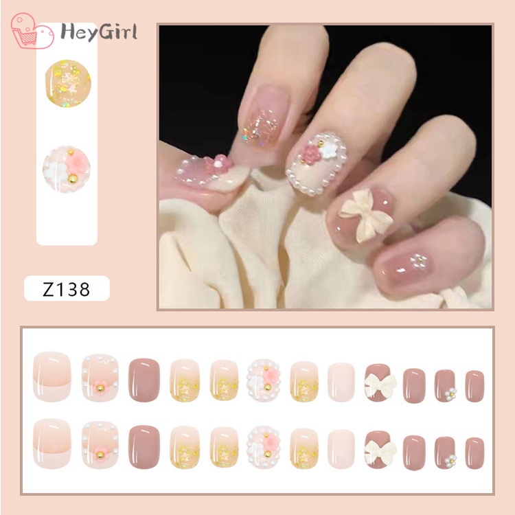 Set 24 móng tay giả dáng ngắn phối nơ ngọt ngào keo tháo rời được thời trang trang trí nghệ thuật