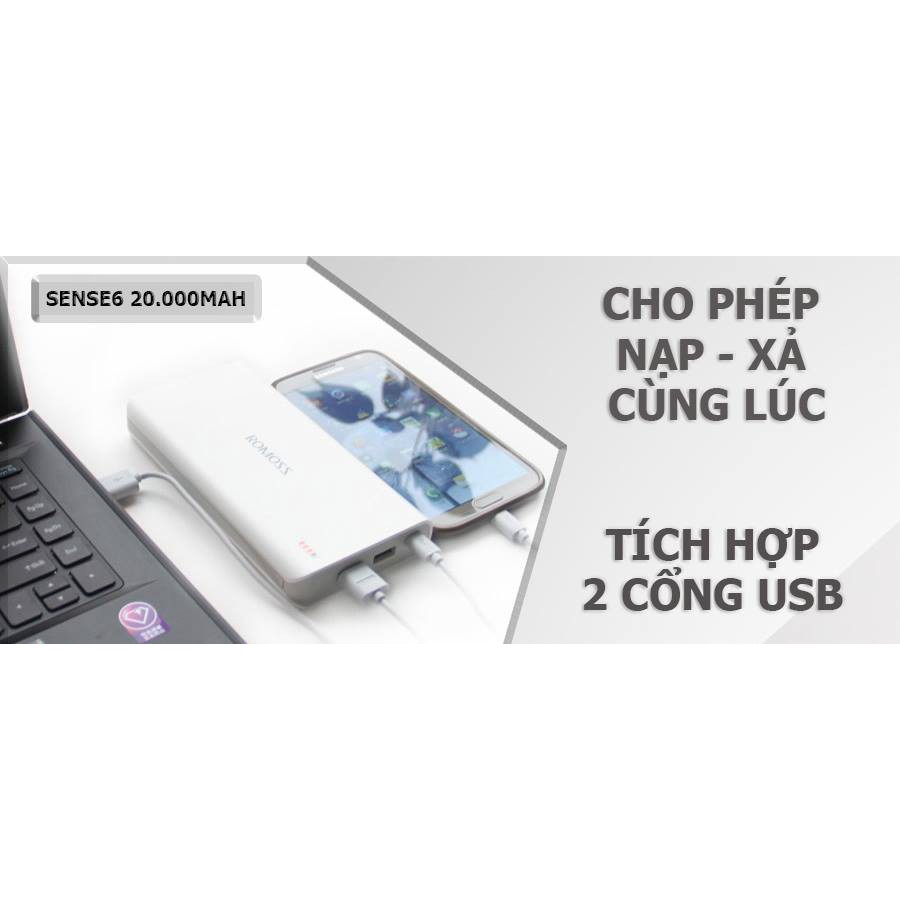 Sạc dự phòng Romoss 6 + khuyến mãi dây sạc 2 in 1