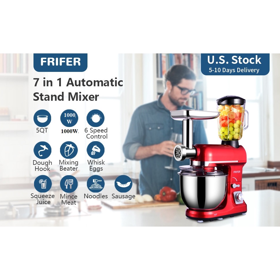 Máy nhào bột Frifer 5L 1000W 6 trong 1 - trộn 1 kg bột khô  - Làm mỳ, sinh tố, đánh kem, đùn thịt xúc xích..