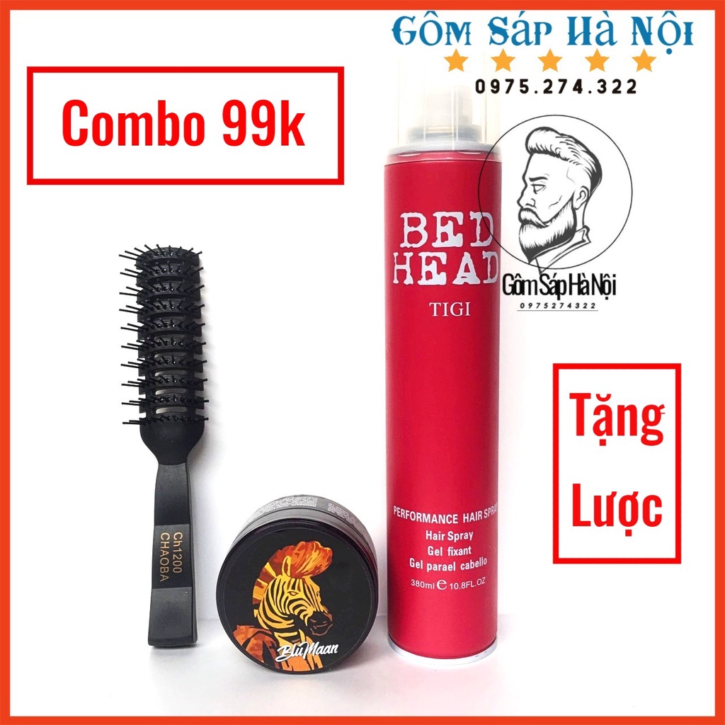 ( Tặng Lược ) Combo Gôm Xịt Tóc Tigi Bed Head 360ml + Sáp Vuốt Tóc Nam BluMaan Cavalier Heavy Clay [Ngựa Vằn]