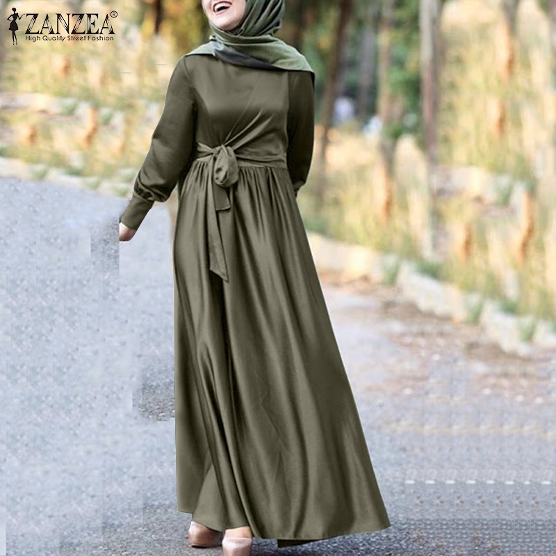 Zanzea Đầm Dài Vải Satin Màu Trơn Cổ Tròn Phối Nút Và Dây Kéo Sau Lưng Cho Phụ Nữ Hồi Giáo