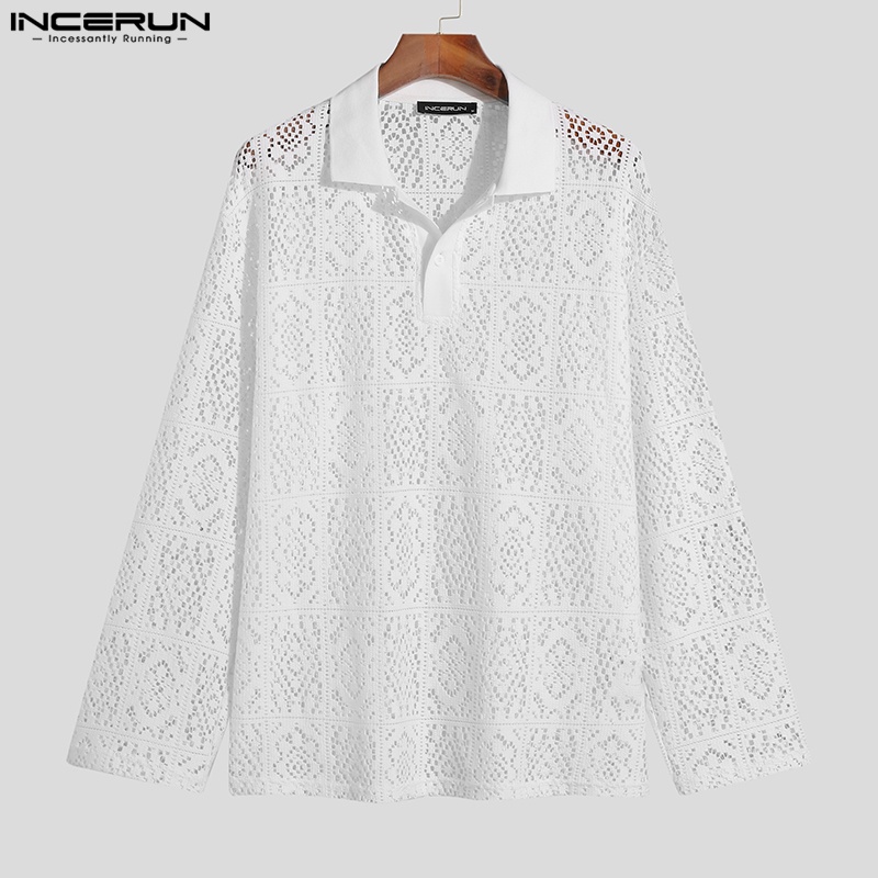Áo sơ mi polo Incerun móc xuyên thấu phối ren hoa cho nam đi biển
