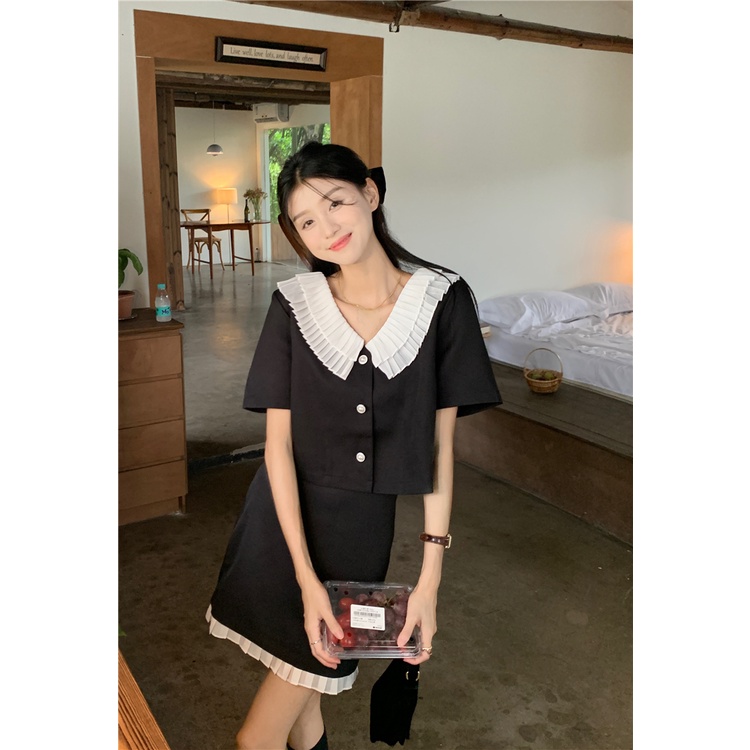Set nữ công sở đen áo cổ sen 2 tầng, chân váy chữ A gấu váy xếp ly thanh lịch mùa hè