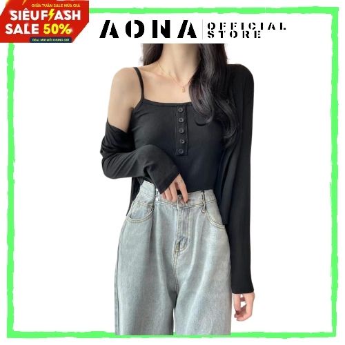 Set Áo 2 Dây 1 hàng cúc giữa Kèm Áo Khoác Ngoài Chất Cotton Có Ảnh Thật và Video Aona