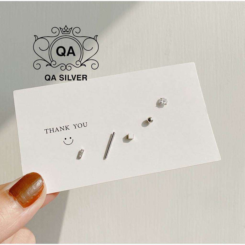 Set bông tai bạc 925 nụ 5 món khuyên đính đá trơn nam nữ tối giản S925 MINIMAL QA SILVER Earrings EA200413