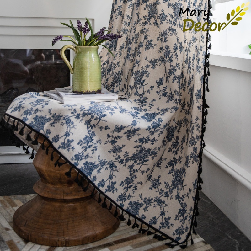 Rèm vải bố vintage hoa xanh độc đáo trang trí decor R-B01
