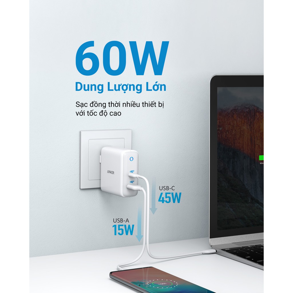 [Mã ELMALL300 giảm 7% đơn 500K] Sạc ANKER 2 cổng PowerPort Atom III 60w PIQ 3.0&amp;GaN - A2322