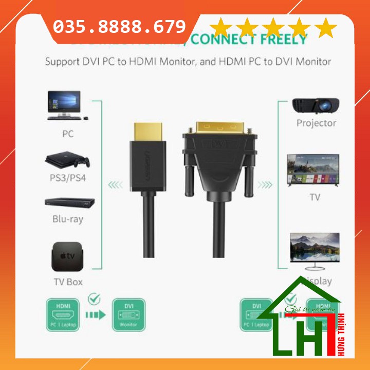 [Free ship từ 150k ] Cáp HDMI sang DVI 24+1 dài 1.5M Ugreen 11150 Hưng Thịnh computer