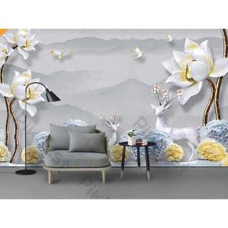 Tranh dán tường 3d trang trí phòng khách phòng ngủ hiện đại, Nai rừng và Sen vàng (tích hợp sẵn keo) MS896409