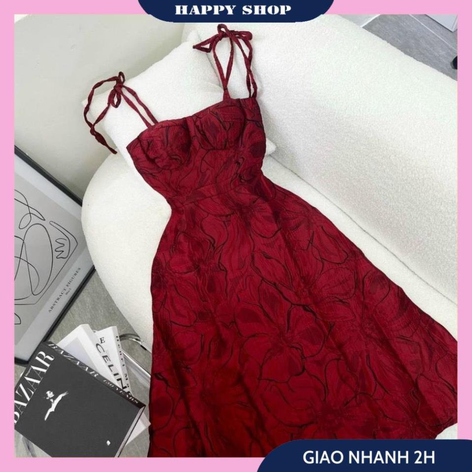 Váy Xòe Đỏ Dáng Dài, Đầm 2 Dây Cúp Ngực Cột Vai Chất Gấm Dày Dặn Họa Tiết Bắt Mắt, Váy Dự Tiệc Sang Chảnh. | BigBuy360 - bigbuy360.vn