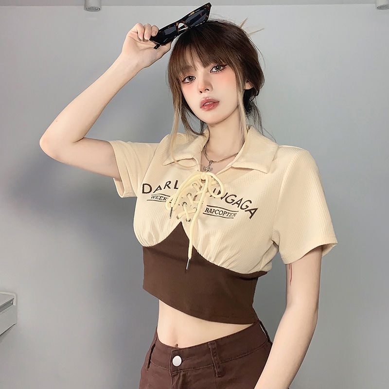 Mới Áo Thun Polo Dáng Ngắn Ôm Eo Phối Màu Tương Phản Kiểu retro Thời Trang Cho Bạn Gái Y2K