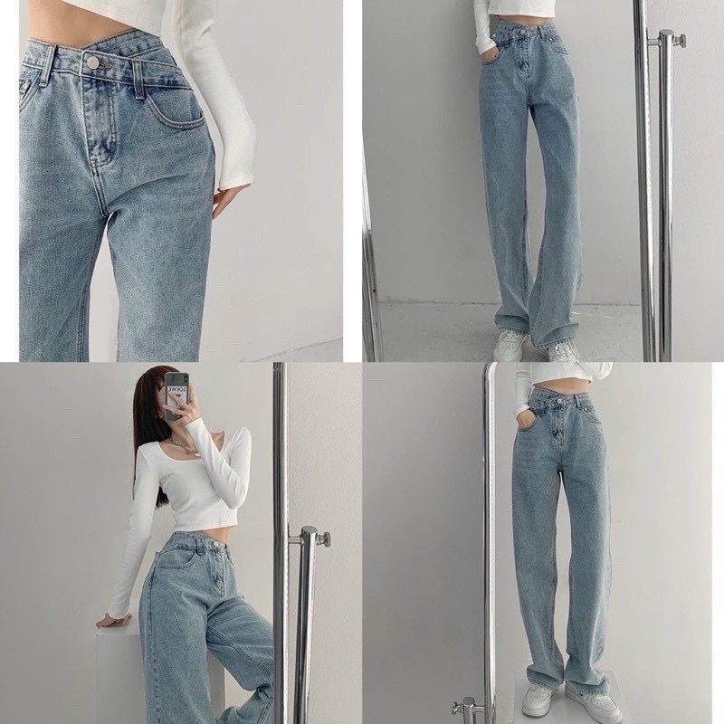 Quần jeans ống rộng kiểu dáng lưng chéo lạ mắt