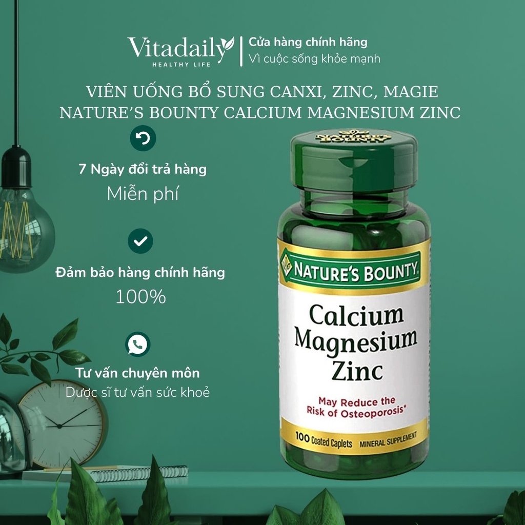 Viên Uống Bổ Sung Canxi, Chắc Khỏe Xương Nature's Bounty Calcium Magnesium Zinc 100 Viên