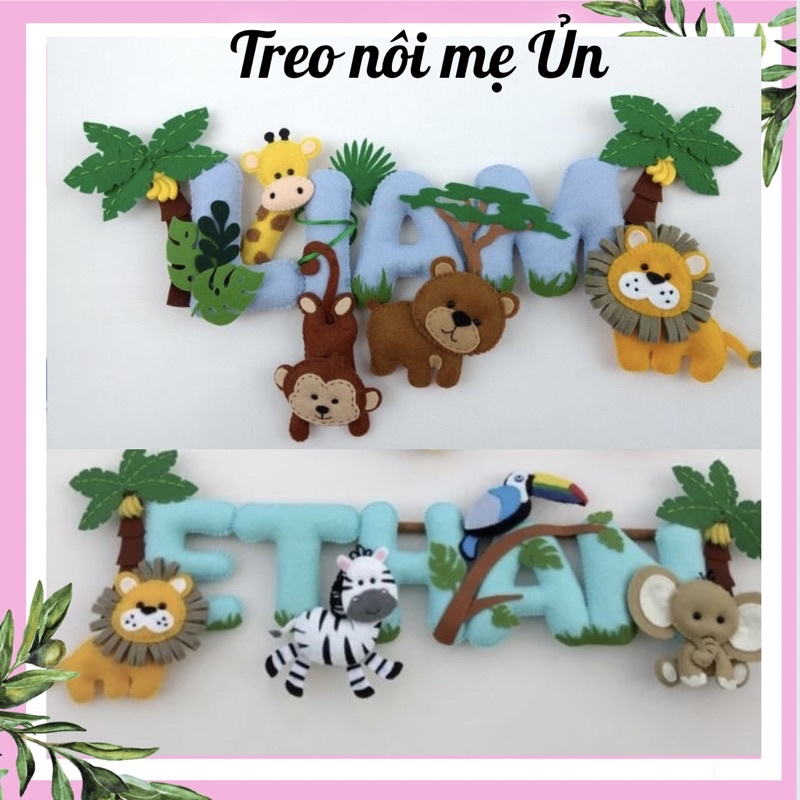 Bảng tên treo phòng ngủ handmade, bảng tên trang trí thôi nôi cực đẹp mẫu Chữ kèm thú rừng