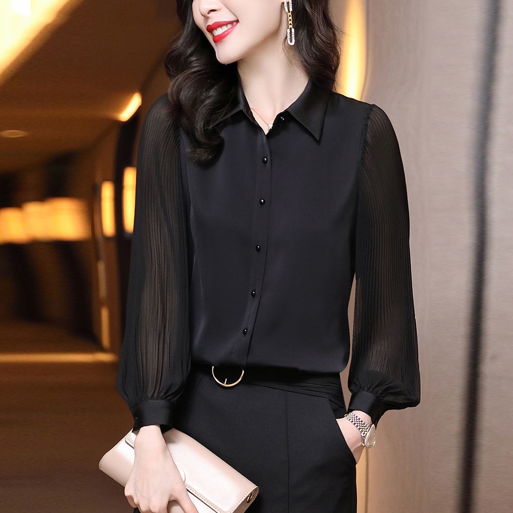 Áosơ mi tay dài màu đen phong cách phương tây thời trang xuân thu cho nữ 2021