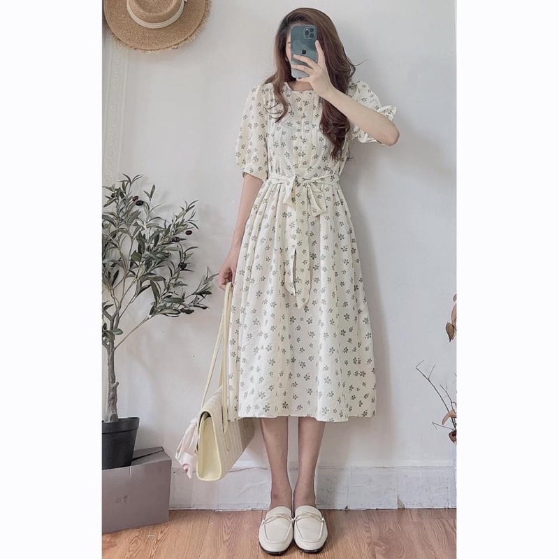 Đầm - Váy hoa nhí cổ tròn tay lỡ cúc ngực xinh xắn vintage - Váy hoa cỏ may mắn Vintage