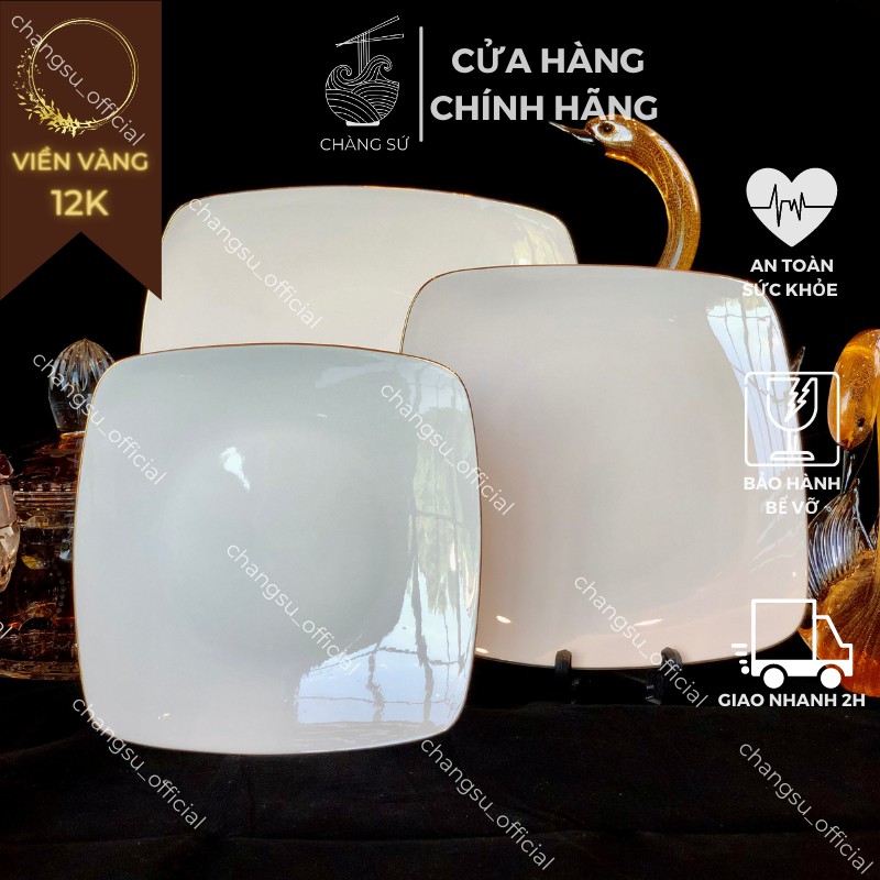 Đĩa vuông viền vàng thật 12k sứ Minh Châu sang trọng 18 21 25cm