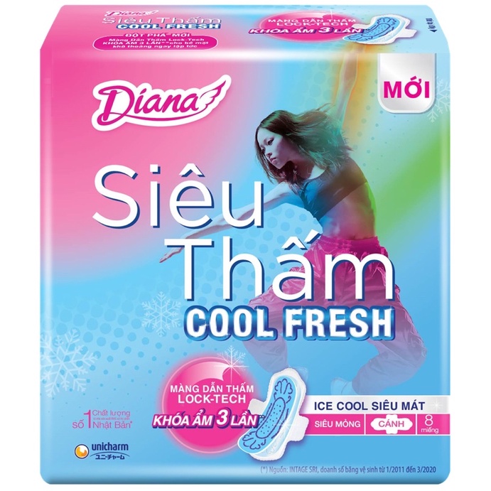 BĂNG VỆ SINH DIANA COOL FRESH SIÊU MỎNG CÁNH 23cm (1 gói 8 miếng)