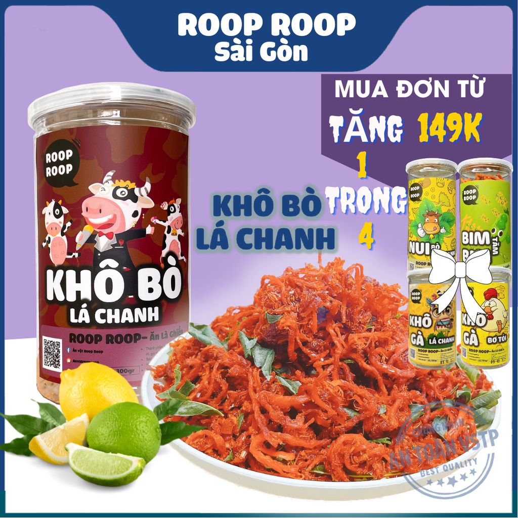 Khô bò sợi ngắn lá chanh cay 300g RoopRoop đồ ăn vặt Sài Gòn đồ ăn vừa ngon vừa rẻ | BigBuy360 - bigbuy360.vn