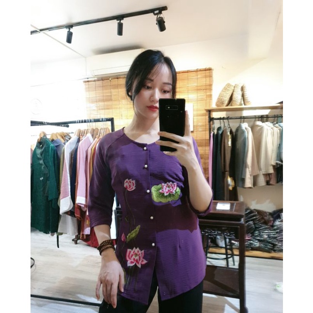 ÁO BÀ BA VẢI ĐŨI MỀM - đồ lam đi chùa # quần áo bà ba thêu hoa sen #vải mát 033