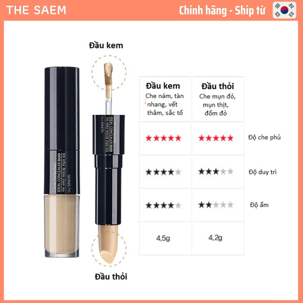 [The Saem] Thanh che khuyết điểm chuyên nghiệp 2 trong 1, màu 02 Beige đậm - Cover Perfection Ideal Concealer Duo 02 Rich Beige