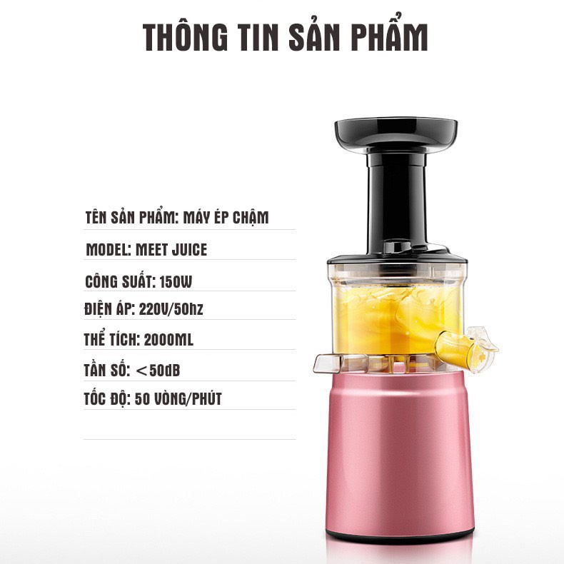 Máy ép chậm MEET JUICE, Máy ép trái cây- Vắt kiệt bã công suất 150W - Tặng 2 cốc đựng nước [ Bảo hành 12 tháng]