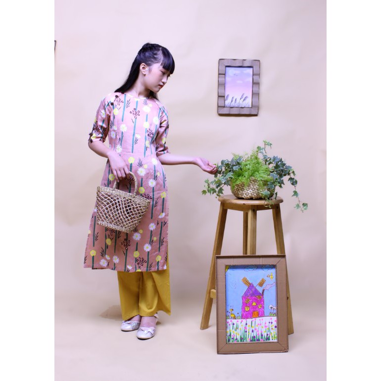Bộ áo dài bé gái thiết kế sinh xắn dễ thương, thấm thút mồ hôi, chất liệu 100% cotton- Jadiny