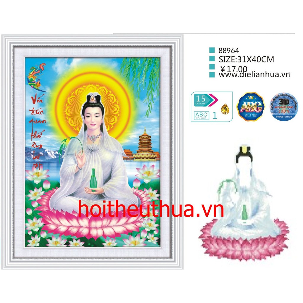 Tranh thêu chữ thập 3D Phật Quan Âm. Kích thước: 31x40cm