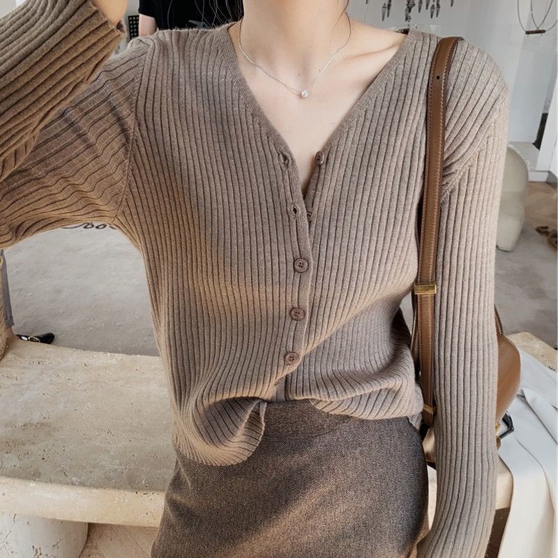 Áo cardigan dệt kim dài tay cổ chữ V thời trang thu đông mới năm 2023