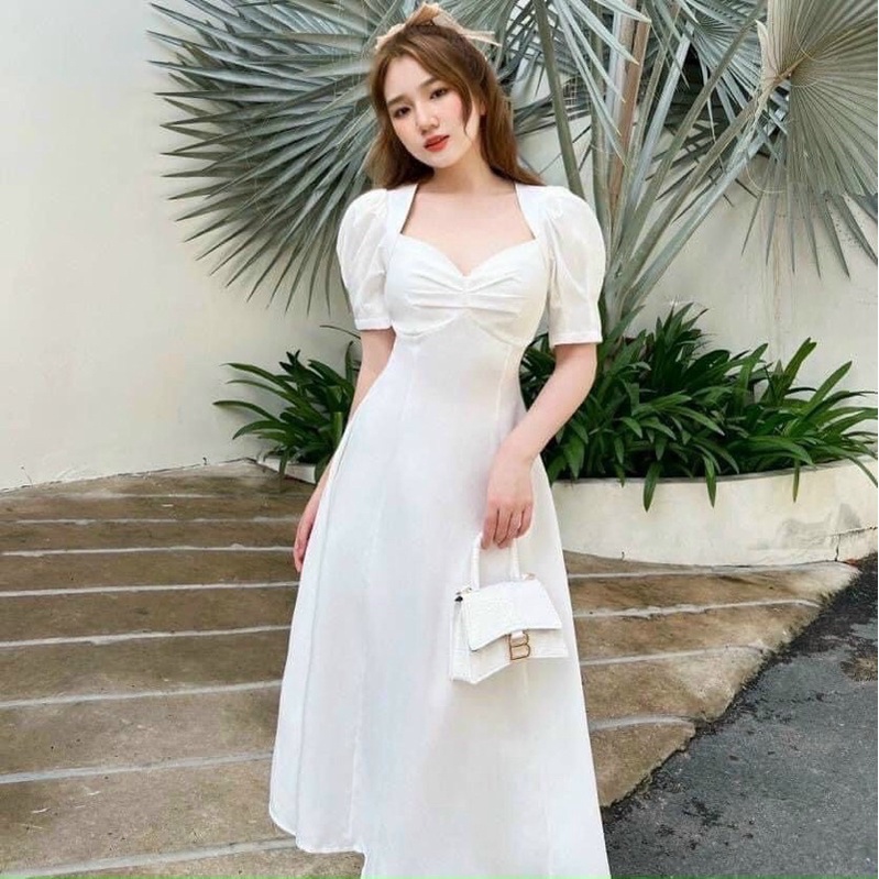 ĐẦM MIDI XOÈ NHÍU NGỰC TAY BÚP XANH/TRẮNG KTGIMI ( Kèm ảnh thật)