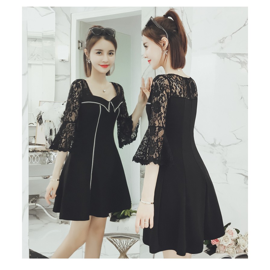 Đầm big size quảng châu xòe viền trắng nẹp cổ phối tay ren loe  D908