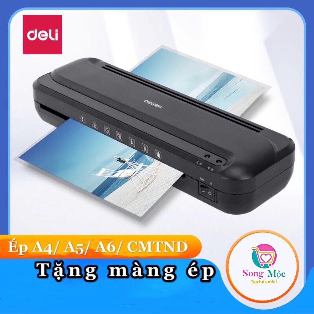 Máy ép nhiệt plastic Deli khổ A4 ép ảnh ép giấy tờ ép thẻ học flashcards, học liệu cho bé máy ép mini văn phòng gia đình