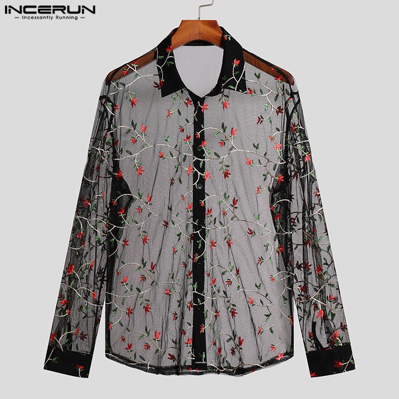 INCERUN Áo Lưới Hoa Dài Tay Xuyên Thấu Thời Trang Đi Biển Dành Cho Nam