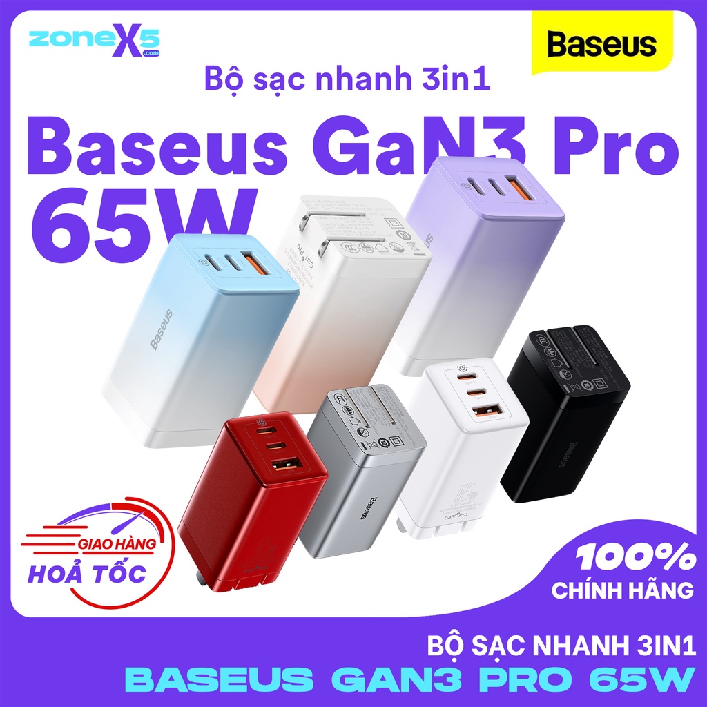 Bộ sạc nhanh Baseus  65W GaN3 Pro 3 cổng siêu nhỏ - Hỗ trợ USB Power Delivery 65W, Quick Charge 4.0 3.0