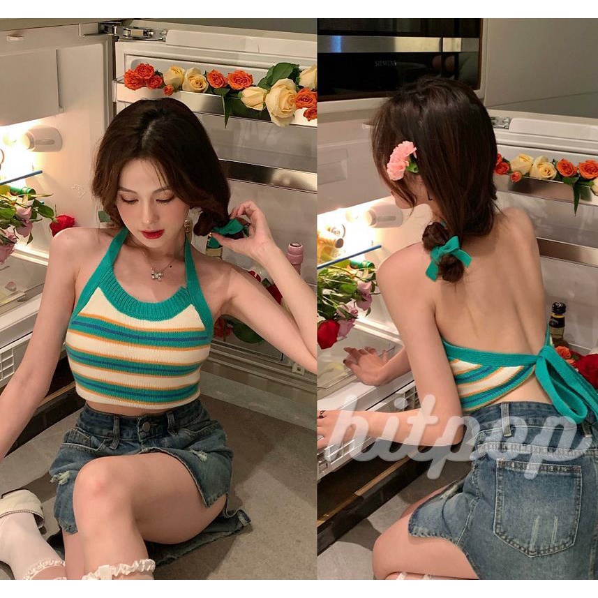 Áo croptop không tay cổ yếm hở lưng họa tiết sọc ngang màu xanh lá/xanh làm thời trang cho nữ