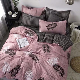 set chăn ga poly cotton mẫu lá tre nền tím ga caro