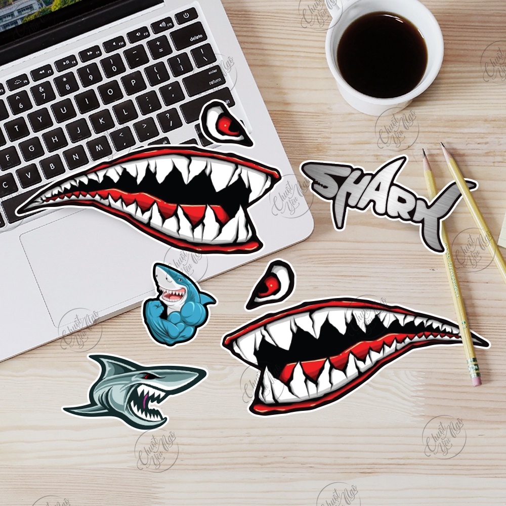Bộ tem decal chống nước hình dán xe Hàm Răng Cá mập trang trí laptop, vali, tủ lạnh,...