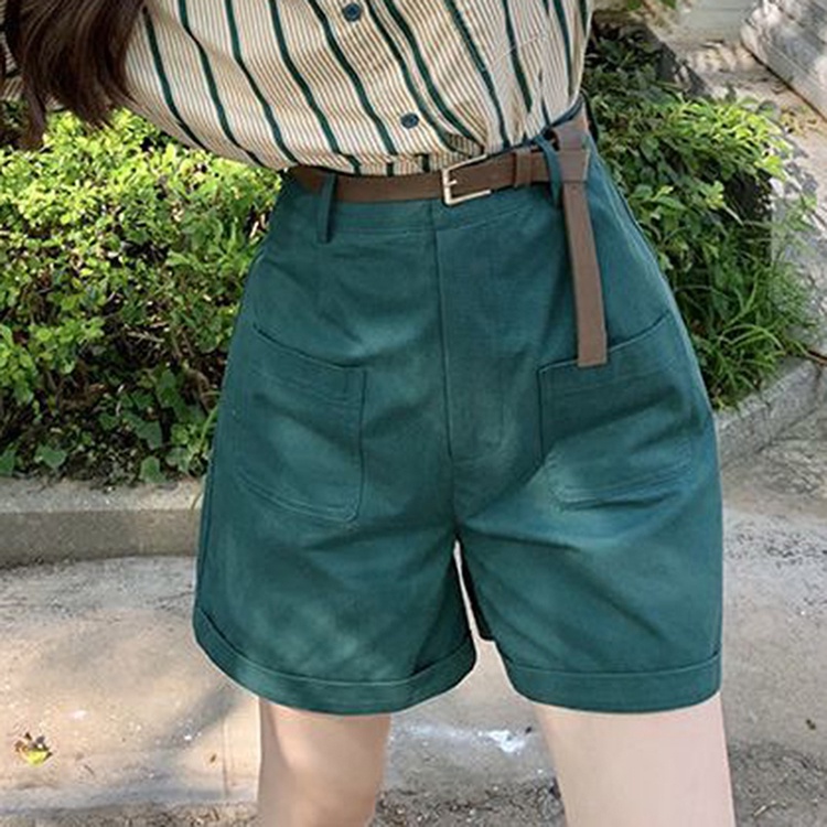 IELGY   Bộ Áo Sơ Mi Kẻ Sọc Phối Quần Short Có Túi Phong Cách retro Cho Nữ