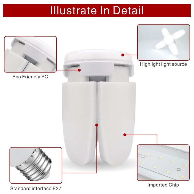 Bóng Đèn LED E27 24W 45W 60W AC 220V Ánh Sáng Trắng Có Thể Gập Lại Kèm Quạt 360 Độ