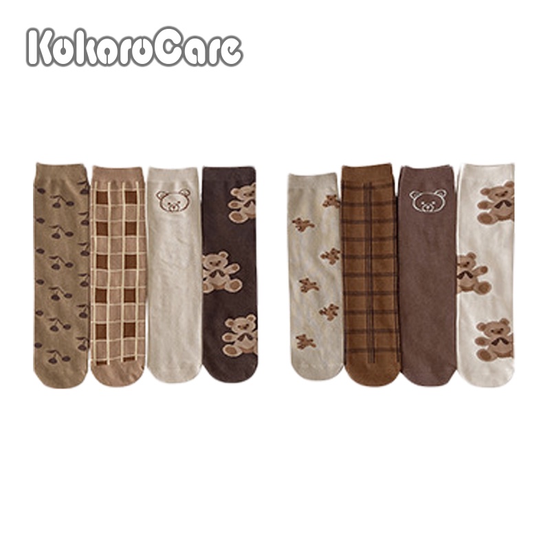 Set 4 đôi vớ KOKOROCARE MSW-28 cotton dài đến đầu gối in hình gấu mocha thời trang mùa thu 2022 dành cho bé 3-8 tuổi