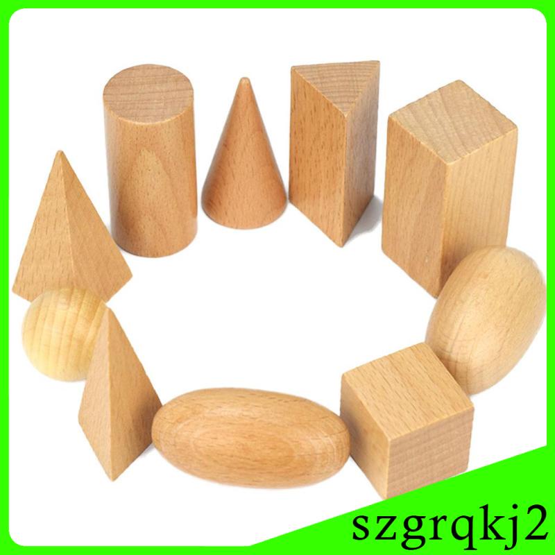 Bộ 10 Khối Gỗ Hình Học 3D Màu Trơn Dành Cho Bé Mẫu Giáo