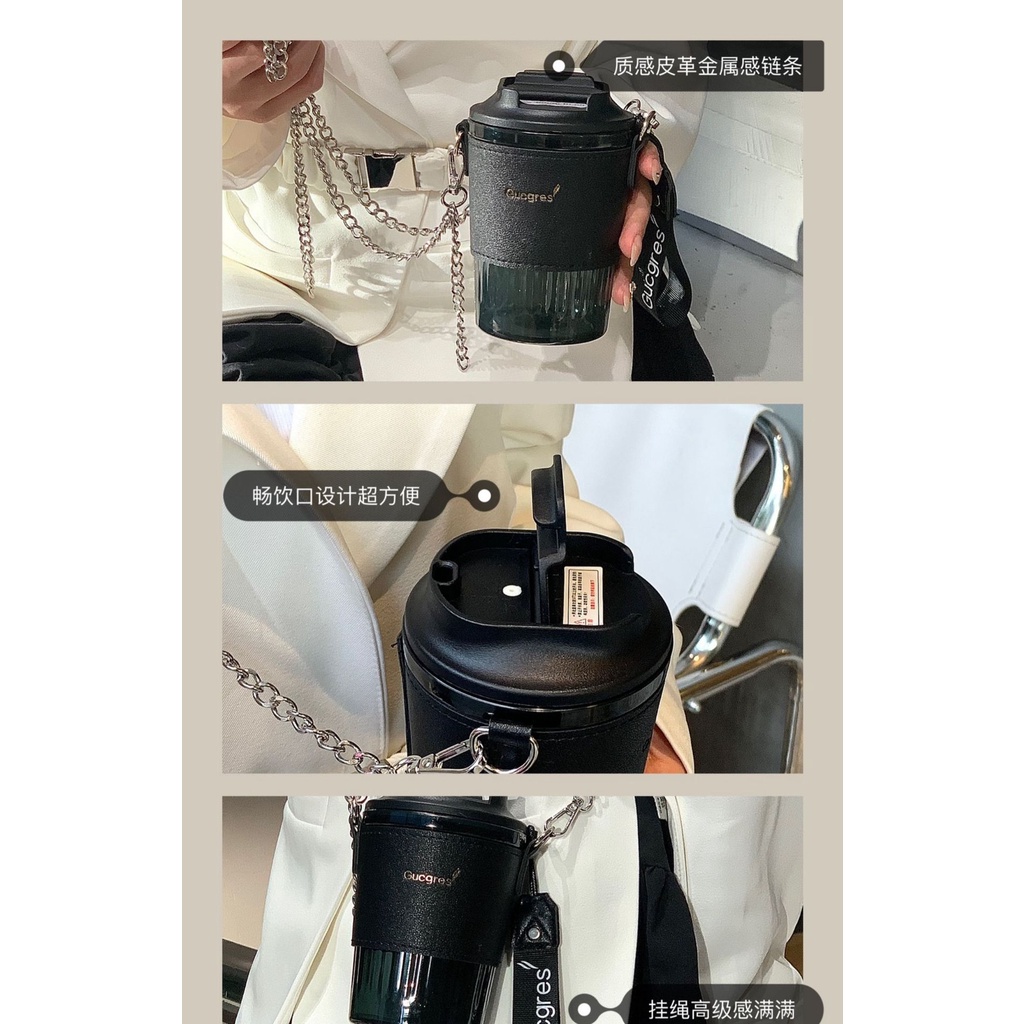Cốc Ly Giữ Nhiệt Gucgress Có Nắp Và Bao Da Quai Đeo Chéo Đi Kèm Thời Trang Độc Đáo 450ML
