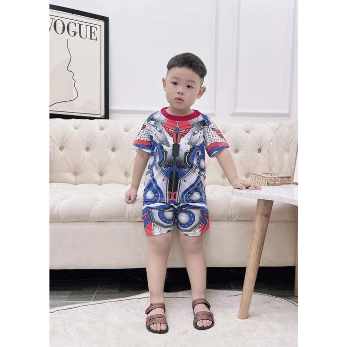 Bộ cộc tay cho bé trai chất thun lạnh in 3D spider man, siêu nhân,thor, captain americar, quần áo trẻ em