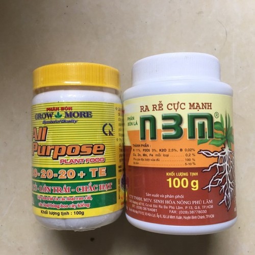 Combo phân bón Growmore 20-20-20 100gr và hũ kích rễ N3M 100gr - 20-20-20 và N3M