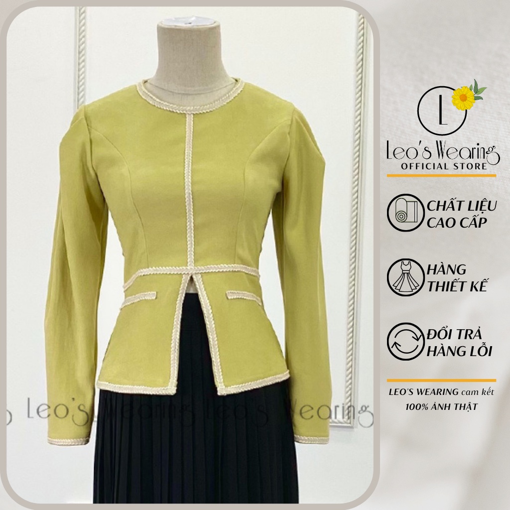 Áo peplum nữ LEOSWEARING áo pelum tay dài cổ tròn xẻ tà trước viền trắng sang chảnh D90